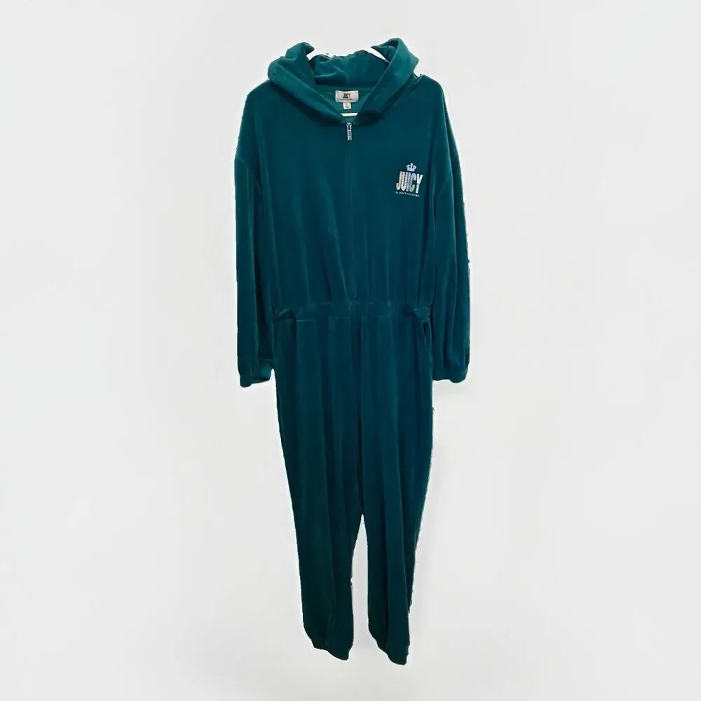 Juicy by Juicy Couture Jumpsuit Women XL Velour Teal Turquoise Hooded Cozy